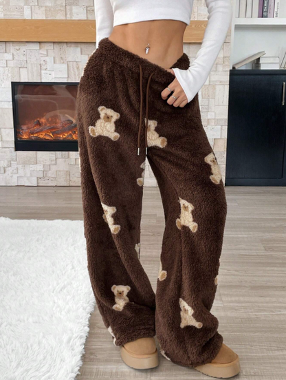 Brown Teddy Bear Fuzzy Drawstring Fleece Long Pants