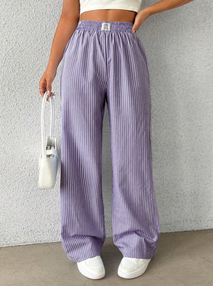 Lavender Purple Elastic Waist Striped Loose Pants