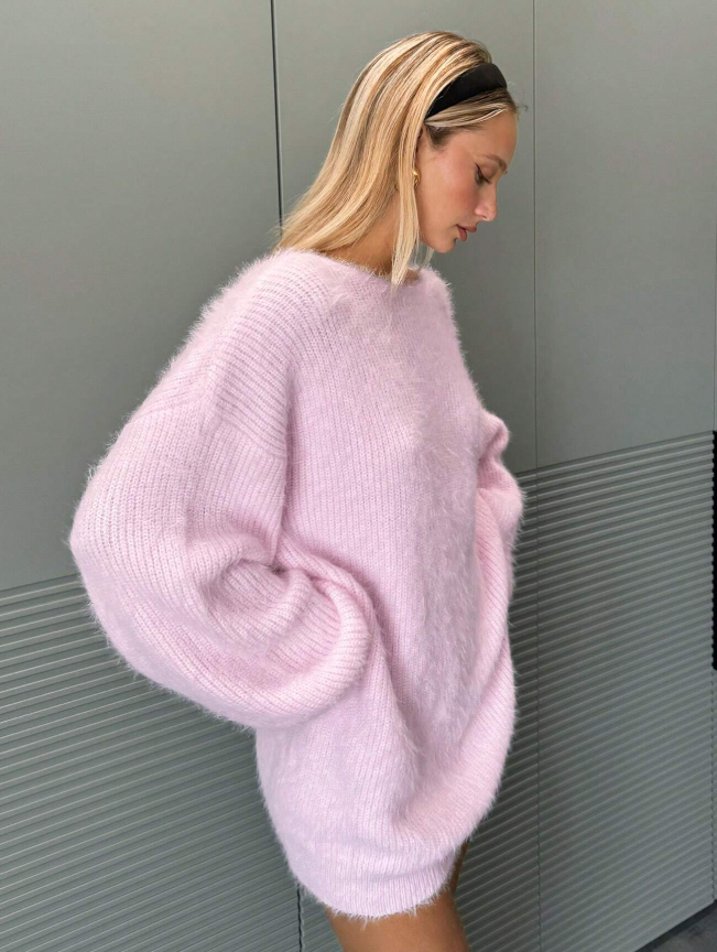 Flamingo Pink V-Neck Backless Fluffy Sweater Dress