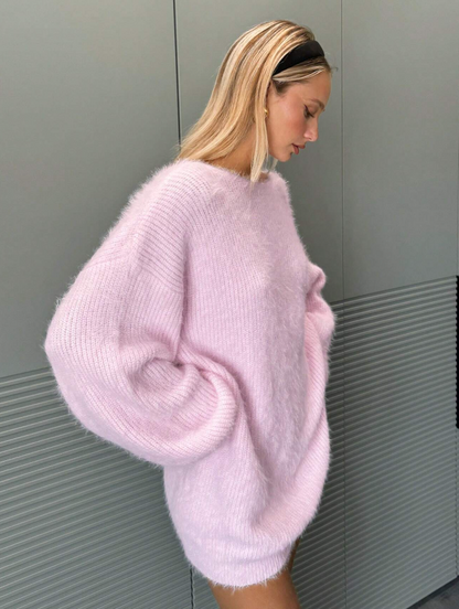 Flamingo Pink V-Neck Backless Fluffy Sweater Dress