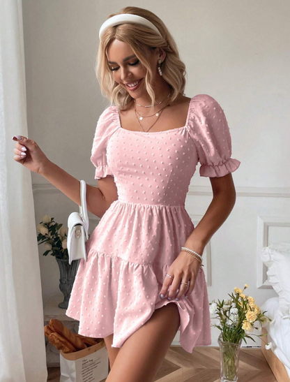 Flamingo Pink Puff Shoulder Back Tie-Up Summer Dress