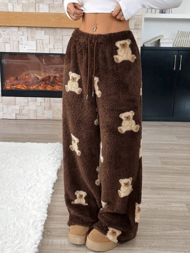 Brown Teddy Bear Fuzzy Drawstring Fleece Long Pants