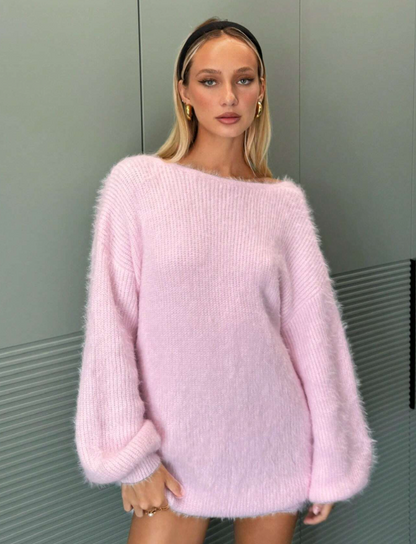 Flamingo Pink V-Neck Backless Fluffy Sweater Dress