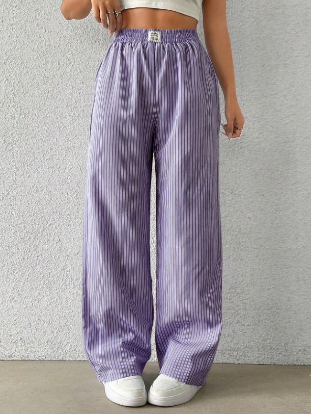 Lavender Purple Elastic Waist Striped Loose Pants