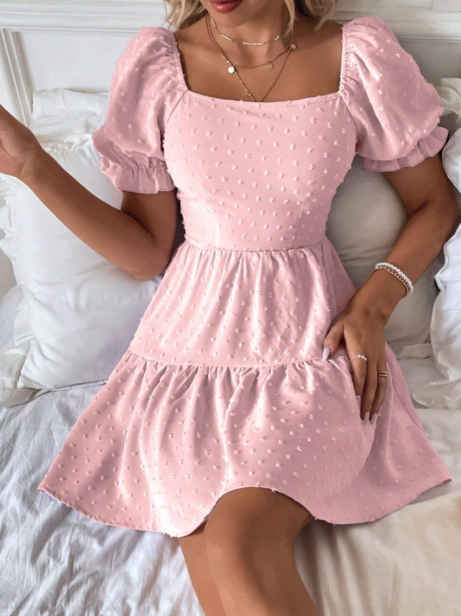 Flamingo Pink Puff Shoulder Back Tie-Up Summer Dress