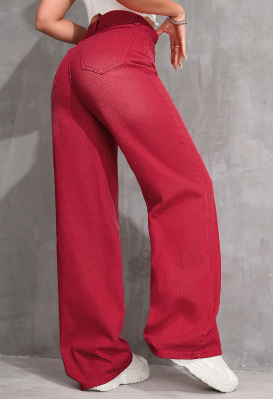 Cardinal Red Washed High Waist Straight Leg Jeans